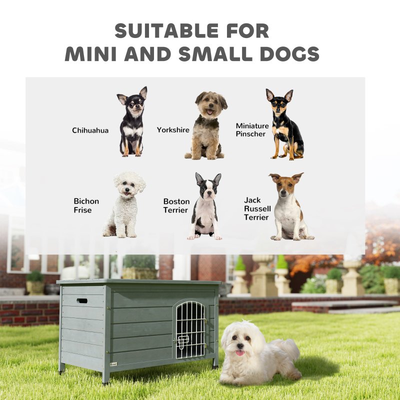 PawHut Wooden Dog House with Removable Bottom, Outdoor Dog Kennel with Wire Door, Openable Top, Pet Shelter for Small Dogs, 80 x 55 x 53.5cm, Dark Grey