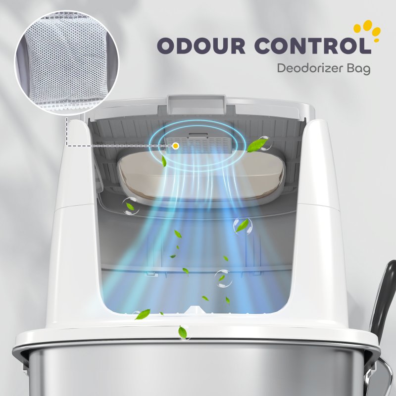 PawHut Stainless Steel Litter Box with Lid, Large Hooded Cat Litter Tray with Flip Cover, Metal Scoop, Deodoriser Bag, Non-Sticky, Odour Control and Easy Clean, White