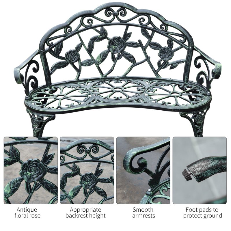 Outsunny 2 Seater Garden Bench, Cast Aluminium Outdoor Garden Loveseat, Antique Rose Style Outdoor Bench Seat with Back and Armrests for Patio, Porch, Park, Green