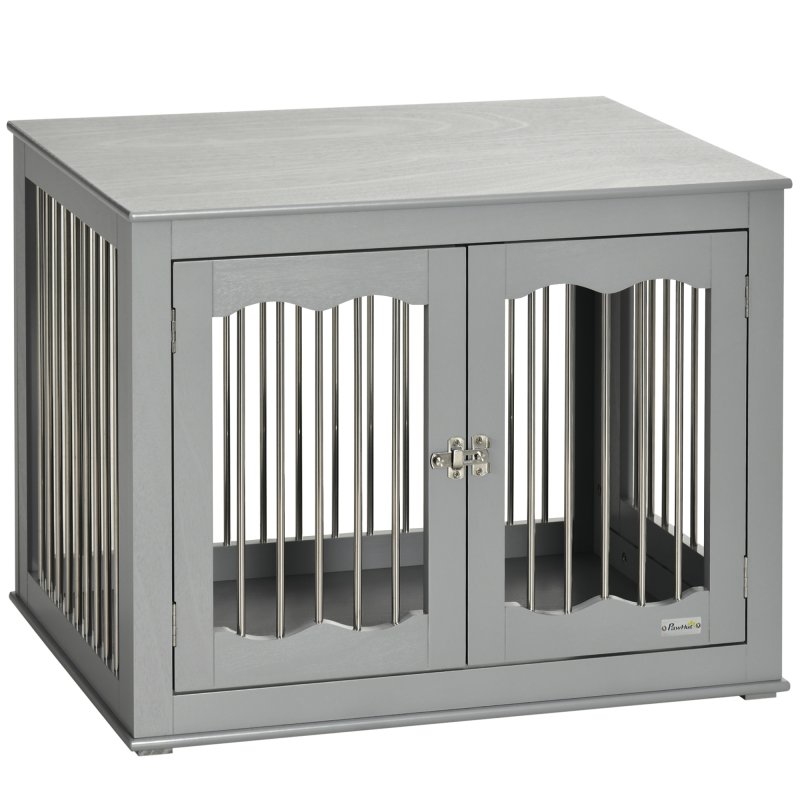 PawHut Dog Crate End Table with Three Doors, Furniture Style Dog Crate with Interchanged Side Door, for Medium Dogs, Indoor Use w/ Locks and Latches - Grey