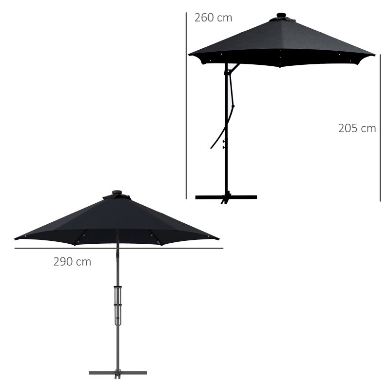 Outsunny 3(m) Cantilever Parasol with Solar LED and Easy Lever, Garden Parasol Umbrella with Cross Base and Waterproof Cover, Outdoor Sun Shades, Black