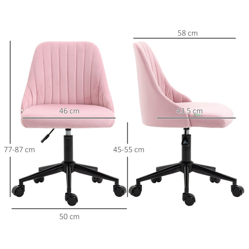 Vinsetto Armless Office Chair, Velvet Computer Desk Chair, Scallop Shape Swivel Chair with Adjustable Height and Wheels for Home Office Study Bedroom, Pink
