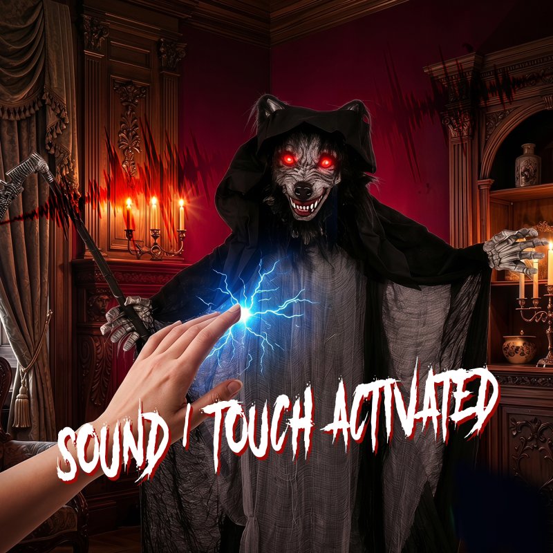 HOMCOM Halloween Animatronic Standing Werewolf Animated Decoration, Life-Size Halloween Animatronic with Light-Up Eyes, Sound and Touch Activated, Moving Head Prop for Haunted House Party