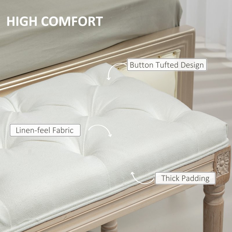 HOMCOM Bedroom End of Bed Bench, 117cm French Vintage Bench with Thick Padding and Wood Legs, Button Tufted Bench for Entryway Living Room Bedroom Decor, Cream White