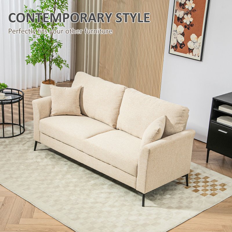 HOMCOM Modern 3 Seater Sofa, Upholstered Linen Fabric Sofa with Metal Legs, Wood Frame and Padded Cushion for Living Room Bedroom Office, Beige