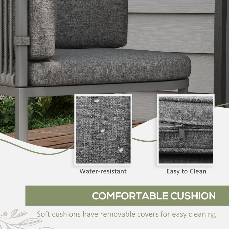 Outsunny 4 Seater Rattan Cube Garden Furniture Set with Cushions, Square Garden Dining Set with Stone Composite Board Top Table, Wicker Outdoor Table and Chairs, Grey