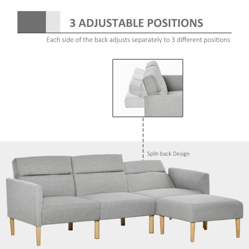 HOMCOM Upholstered 3 Seater Sofa Bed, Corner Reversible Click Clack Sofa Set, Linen-Touch Fabric Sleeper Futon with Footstool, Light Grey