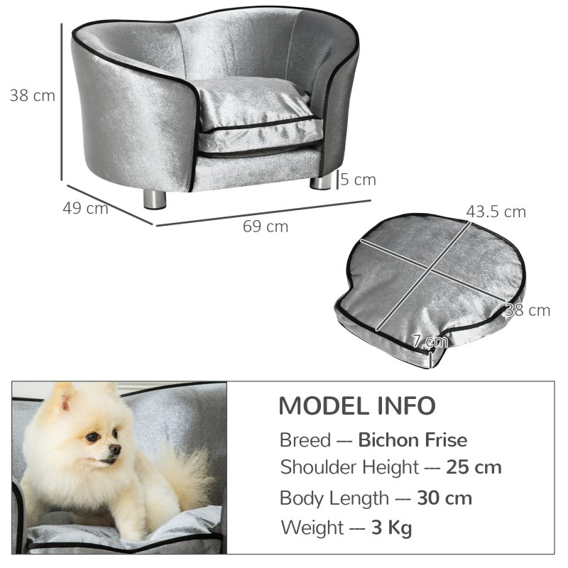 PawHut Dog Sofa Bed for Miniature Dogs, Pet Chair Couch Kitten Lounge with Soft Washable Cushion, Thick Sponge, Wooden Frame, Storage Pocket, 69 x 49 x 38cm - Silver-Tone