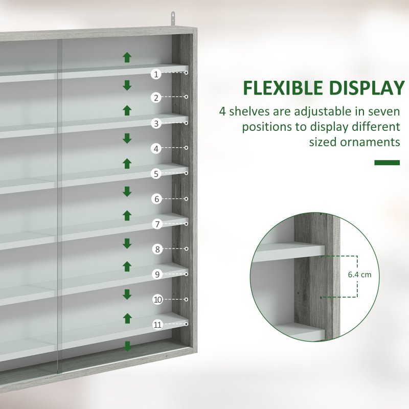HOMCOM 7-Tier Wall Mounted Display Cabinet, Display Case with 6 Adjustable Shelves, Glass Doors for Home Office Ornaments 83x80cm, Graphite Wood Effect
