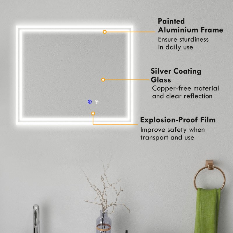 kleankin Bathroom Mirror with LED Lights, Dimmable Makeup Mirror with 3 Temperature Colours, Defogging Film, Memory Function and Aluminium Frame, Hardwired, Horizontal and Vertical, 60 x 50?cm