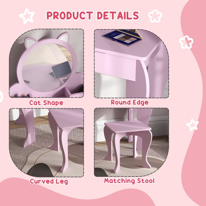 ZONEKIZ Kids Dressing Table, Kids Vanity Table, Girls Dressing Table with Mirror, Stool, Drawer, Storage Boxes, Cat Design, for Ages 3-6 Years - Pink