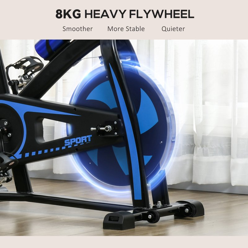 SPORTNOW Indoor Exercise Bike, Stationary Bike, Cycling Machine with Adjustable Seat and Resistance, Heart Rate Sensor, for Home Gym Workout, 8kg Flywheel, Blue