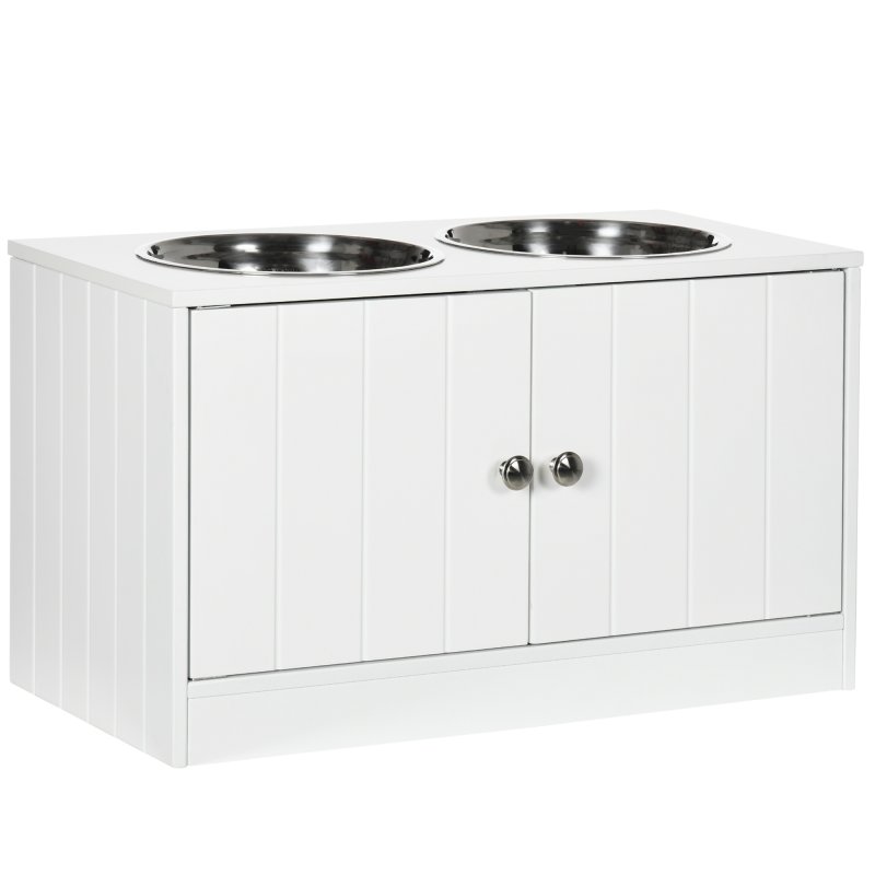 PawHut Raised Dog Bowls for Large Dogs Pet Feeding Station w/ Stand, Storage, Two Stainless Steel Bowls - White