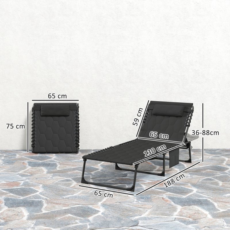 Outsunny Foldable Sun Lounger Set with 5-level Reclining Back, Outdoor Tanning Chairs Sun Loungers with Build-in Padded Seat, Side Pocket, Headrest for Beach, Patio, Black