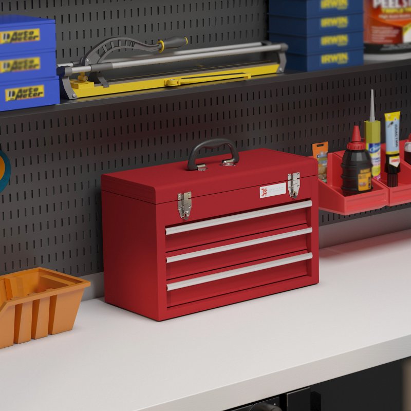 DURHAND 3 Drawer Tool Chest, Lockable Metal Tool Box with Ball Bearing Runners, Portable Toolbox, 510mm x 220mm x 320mm, Red