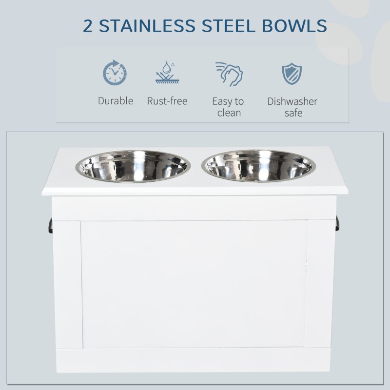 PawHut Raised Dog Bowls, Pet Feeding Storage Station with Two Stainless Steel Bowls, Base, for Large Dogs, White