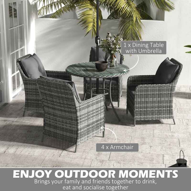 Outsunny 4 Seater Rattan Dining Set with Parasol, Luxury Rattan Garden Furniture Set with Seat and Back Cushions, Outdoor Table and Chairs, Round Glass Top Table