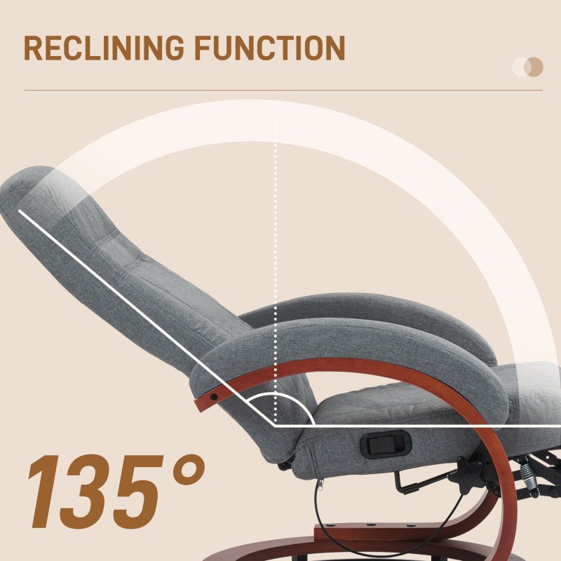 HOMCOM Swivel Recliner Chair with Extended Footrest, Manual Reclining Armchair with Wood Base for Living Room, Bedroom, Grey