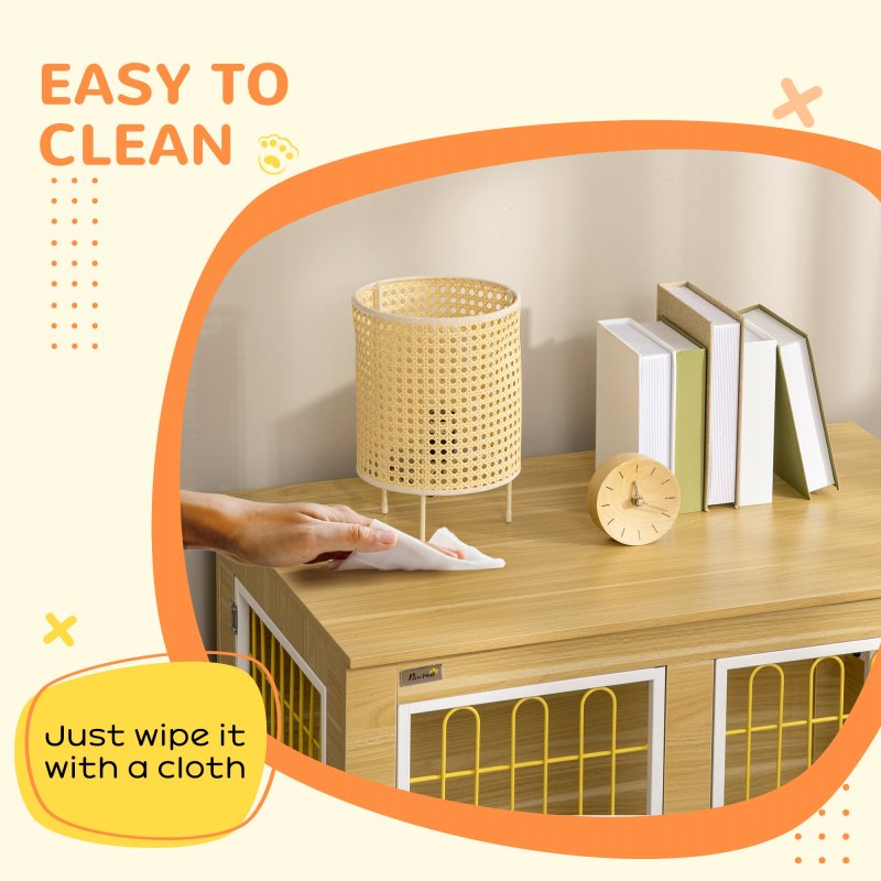 PawHut Dog Crate Furniture, Side End Table, Indoor Dog Kennel with Soft Washable Cushion, Wire Mesh, Large Top, for Medium and Large Dogs, 90 x 58 x 65, Oak Tone