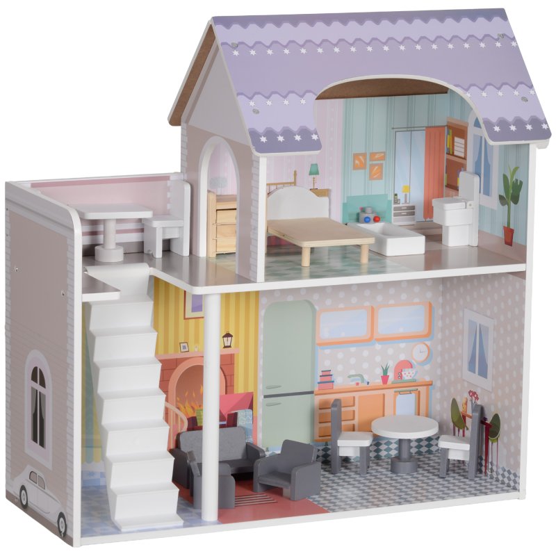 AIYAPLAY Dolls House with 13 Furniture Pieces and Accessories, 2 Levels Play Set with Balcony, Pretend Play Game, for Ages 3-6 Years