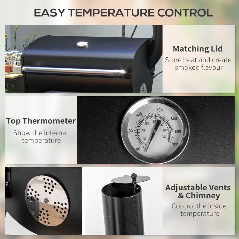 Outsunny Charcoal Barbecue Grill with Shelves, Portable BBQ Trolley Smoker with Wheels, Lid, Thermometer, Chimney for Outdoor Garden Party Cooking, Black