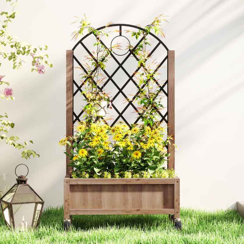 Outsunny Raised Garden Bed with Metal Trellis, Wooden Elevated Planter Box with Wheels and Drainage Holes, Outdoor Raised Planter for Climbing Plants, Fruits, Vegetables, Flowers, Brown