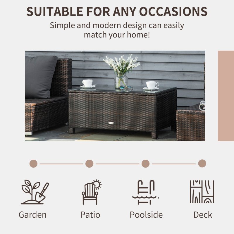 Outsunny PE Rattan Coffee Table, Rectangular Outdoor Coffee Table with Tempered Glass Top, 70 KG Capacity for Garden, Balcony, Terrace, Patio, Mixed Brown