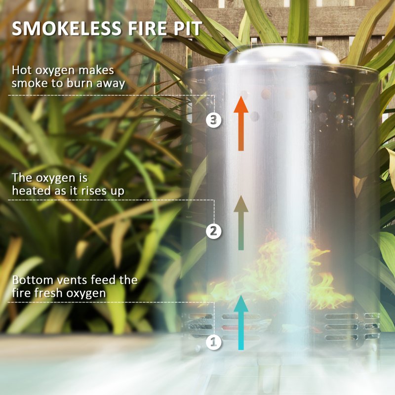 Outsunny Smokeless Fire Pit, 16 x 16 cm Stainless Steel Portable Wood Burning Firepit with Poker, Wood or Pellet Fuelled Tabletop Fire Pit for Garden Camping Bonfire Party, Silver Tone