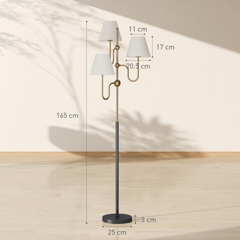 HOMCOM Floor Lamp, 165 cm Tall Standing Lamp with 3 Light and Foot Switch for Living Room, Bedroom, Bedside, Office, E27 Base Without Bulb (40W Max)