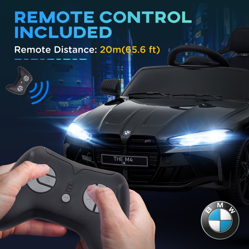 AIYAPLAY BMW M4 Licensed Electric Car for Kids, 12V Kids Electric Ride on with Remote Control, Suspension, Music, Horn, LED Lights, for Ages 3-5 Years, Black
