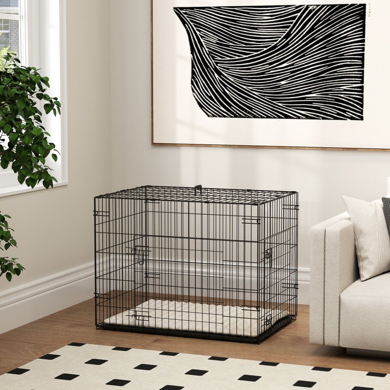 PawHut Dog Crate, Folding Metal Dog Cage with Two Doors, Tray, Soft Cushion, for Small Dogs, 76 x 53 x 60 cm, Black