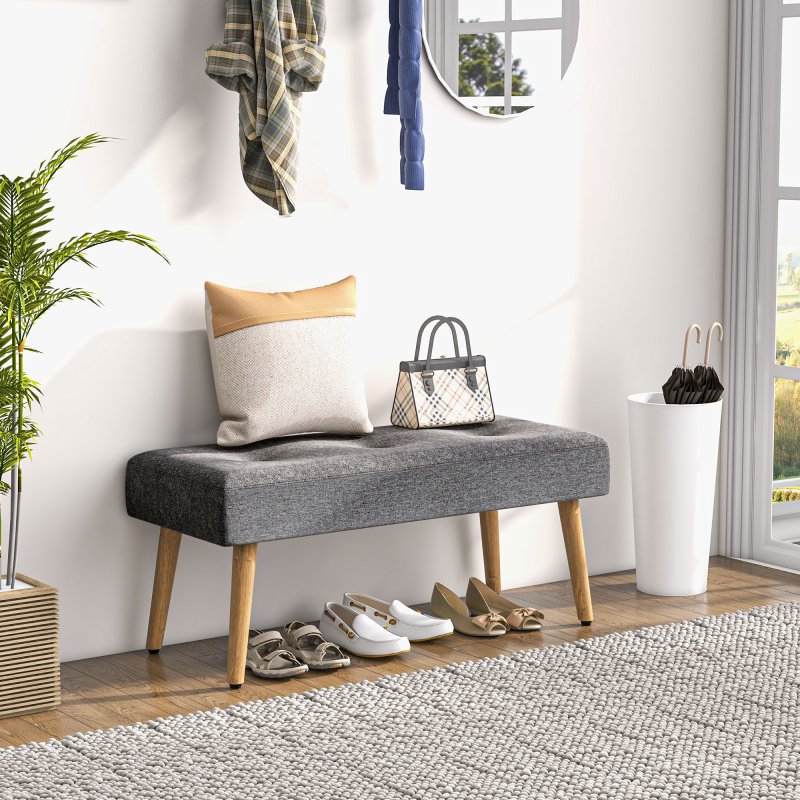 HOMCOM Multifunctional Bed End Bench Tufted Upholstered Shoe Bench Ottoman Footstool Linen Fabric for Entryway Living Room Grey