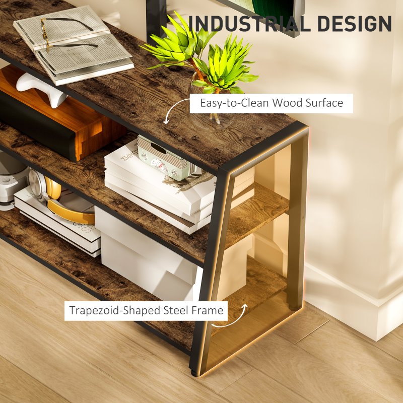 HOMCOM TV Stand Cabinet with Swivel Bracket for 32 - 65 Inch TVs, Industrial TV Cabinet with Open Shelves, Cable Management, Trapezoid-Shaped Steel Frame for Living Room, Bedroom, Rustic Brown