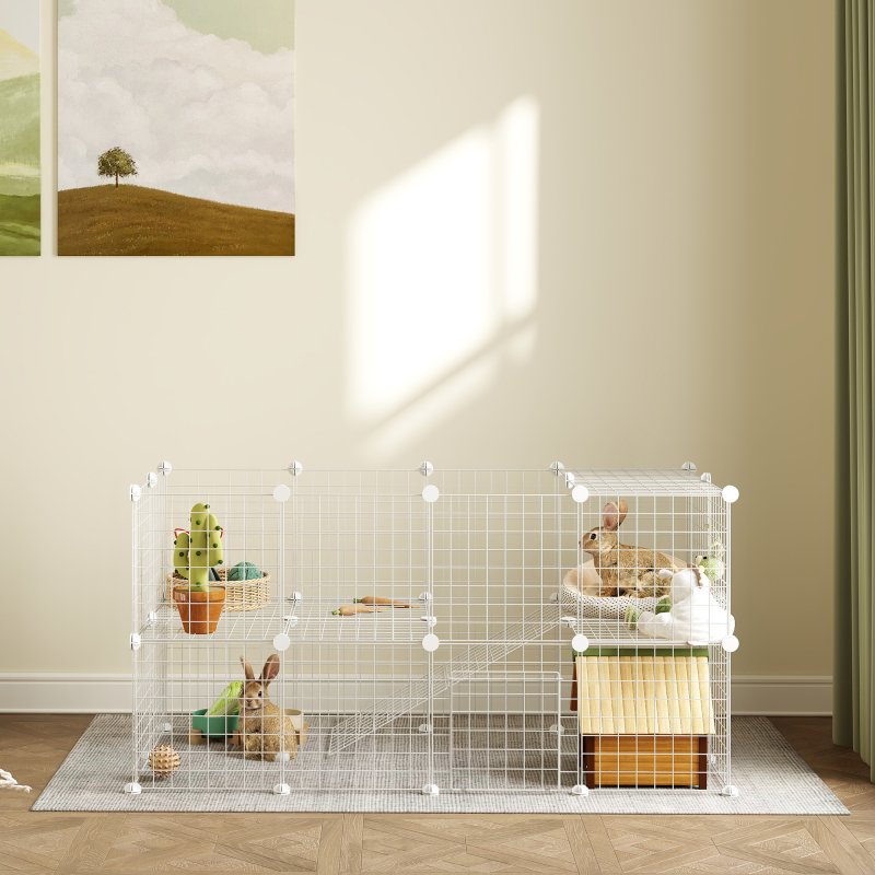 PawHut DIY Pet Playpen Metal Wire Fence Indoor Outdoor Rabbit Small Animals Cage 36 Panel Enclosure White