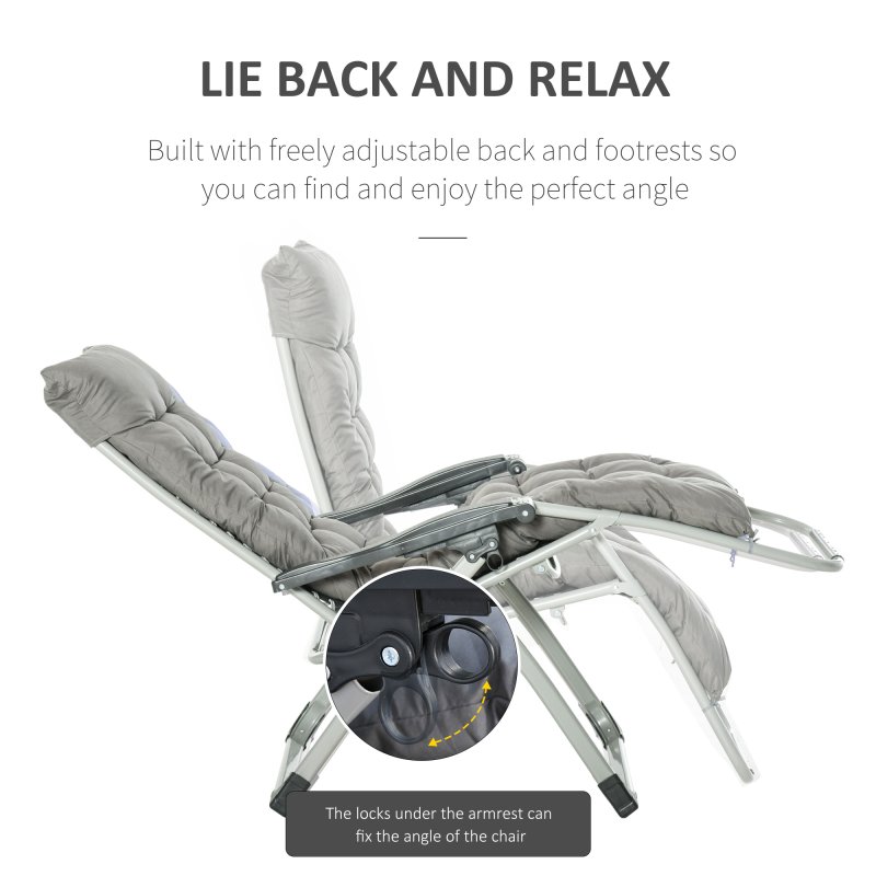 Outsunny 2 Piece Reclining Zero Gravity Chair Metal Frame Folding Garden Sun Lounger with Cushion Headrest, Dark Grey
