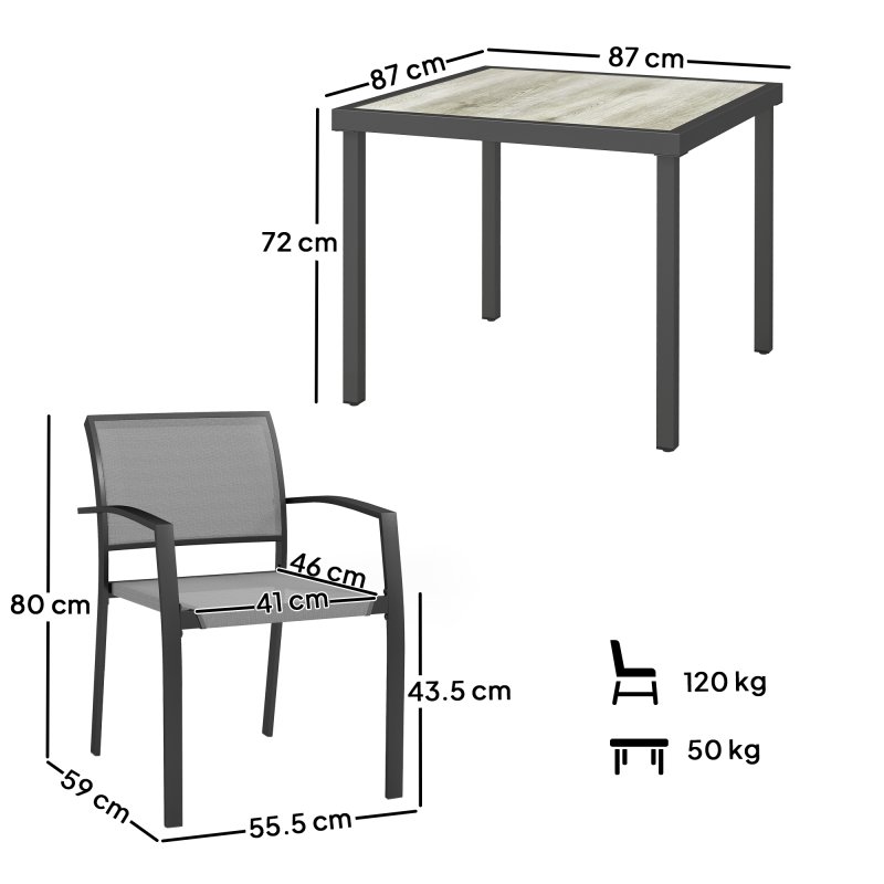 Outsunny 4 Seater Garden Dining Set, 5 Piece Garden Furniture Set with 4 Stackable Armchairs, Outdoor Table and Chairs with Easy Clean Top, Steel Frame, Texteline Seat, for Terrace, Balcony, Grey