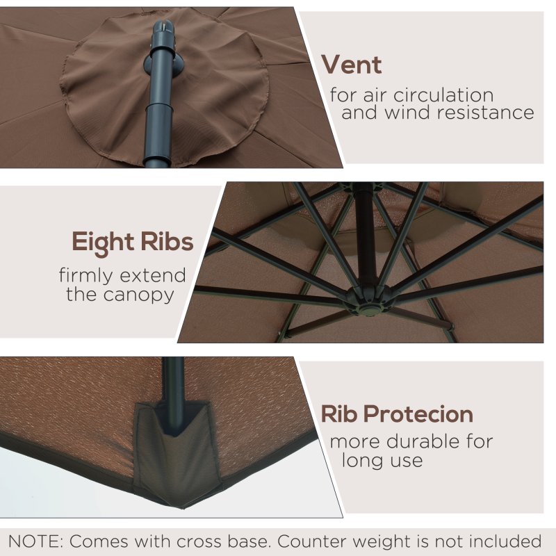 Outsunny 3(m) Garden Banana Parasol Hanging Cantilever Umbrella with Crank Handle, 8 Ribs and Cross Base for Outdoor, Sun Shade, Brown