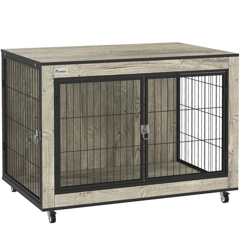 PawHut Dog Crate Furniture on Wheels, Dog Cage End Side Table with Lockable Double Doors, for Medium Breeds, 80 x 56 x 62.5cm, Grey