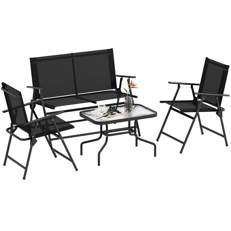Outsunny Outdoor?4 Pieces Patio Furniture Set with Breathable Mesh Fabric?Seat & Backrest,?Garden Set with Two Foldable Armchairs, a Loveseat &?Glass?Top?Table, Black