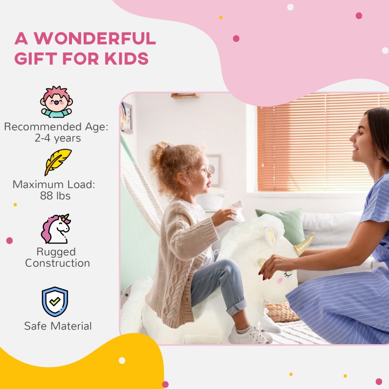 AIYAPLAY Rocking Horse, Kids Ride On Horse with Unicorn Design, Sounds, Plush Ride On Toy for Ages 2-4 Years, White