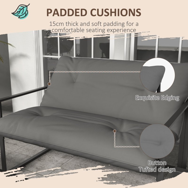 Outsunny 4 Piece Garden Sofa Set, 2 Single Armchair, Loveseat and Coffee Table Set with Steel Frame, Outdoor Furniture with Thick Cushions, Grey