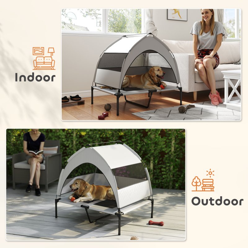 PawHut Elevated Dog Bed with Removable Canopy, Portable Cooling Raised Pet Cot with Breathable Mesh, Storage Bag, for Indoor Outdoor Use, for Medium Large Dogs, 92 x 75 x 89 cm, Light Grey