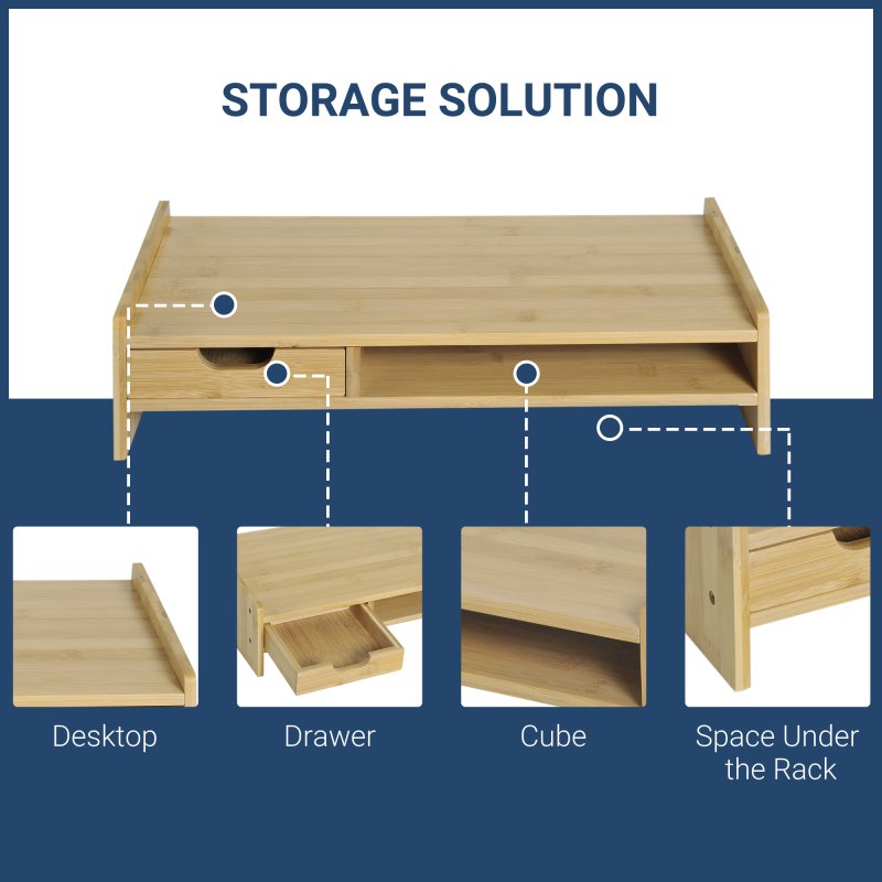HOMCOM Monitor Riser Laptop PC Plinth Stand TV Computer Desktop Organiser W/ Drawer Bamboo