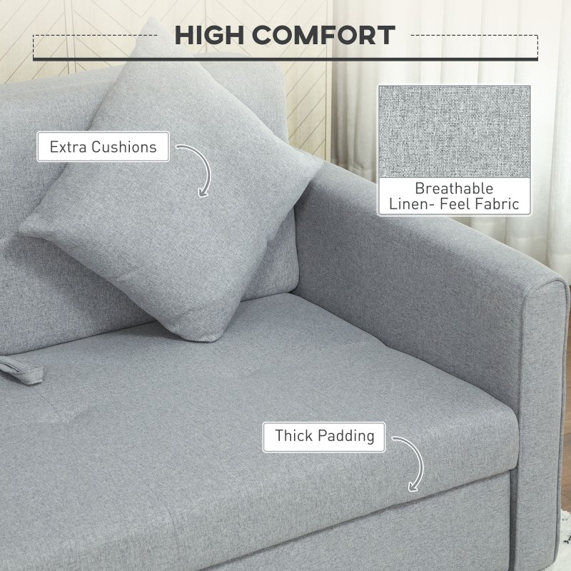 HOMCOM 2 Seater Sofa Bed, Convertible Bed Settee, Modern Linen Loveseat Sofa Couch with 2 Cushions, Hidden Storage for Living Room, Guest Room, Light Grey