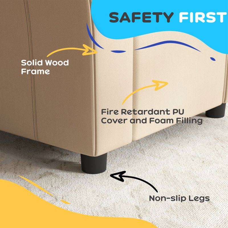 HOMCOM Kids Recliner, PU Leather Kids Armchair, Child Chair, Toddler Armchair with Adjustable Backrest, Footrest, Padded Headrest, Cup Holder, Beige