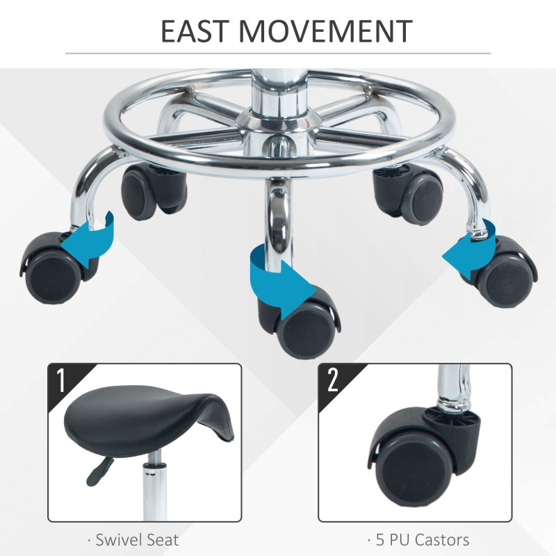 HOMCOM Saddle Stool, PU Leather Adjustable Rolling Salon Chair for Massage, Spa, Clinic, Beauty, Hairdressing and Tattoo, Black