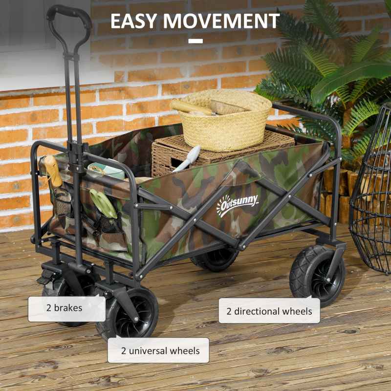 Outsunny 100KG Festival Trolley on Wheels, Folding Camping Trolley Cart with Telescopic Handle, Carry Bag and All-Terrain Big Wheels, for Garden Beach Fishing, Camouflage