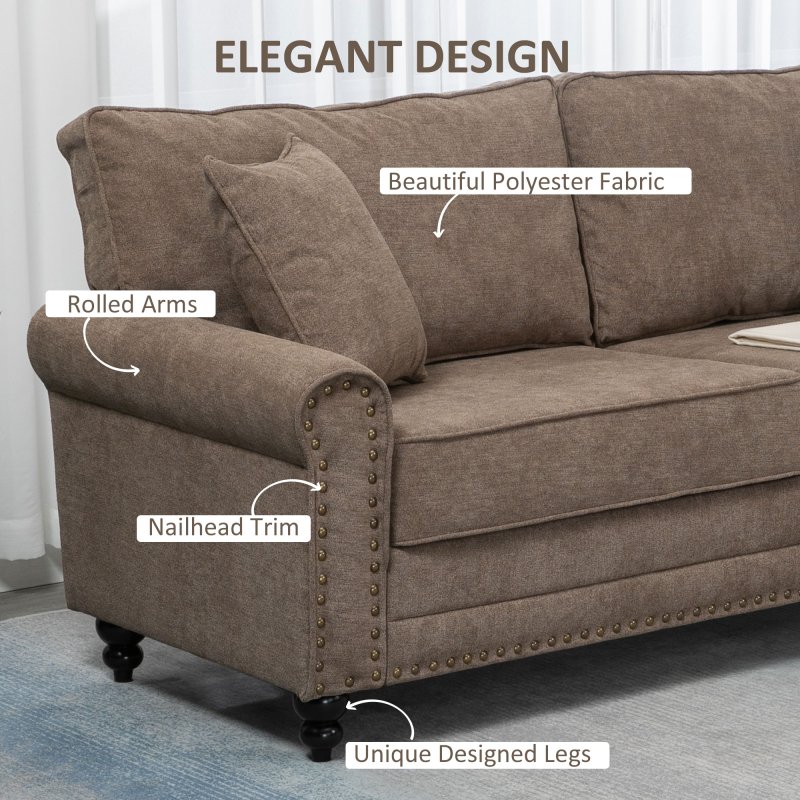 HOMCOM 3 Seater Sofa, Fabric Couch with Rubber Wood Legs, 3 Seater Settee with Extra Padded Cushions and Pillows for Living Room, 196W x 80.5D x 89H cm, Brown