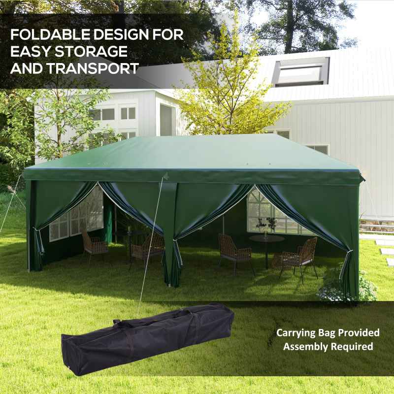 Outsunny 3 x 6 m Pop Up Gazebo with Sides and Windows, Height Adjustable Wedding Camping Party Tent Canopy Marquee with Storage Bag for Garden, Event, Green
