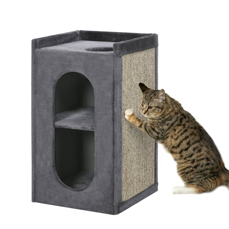 PawHut 2 Layer Cat House, Cat Beds for Indoor Cats with Scratching Pad, 81cmH, Grey